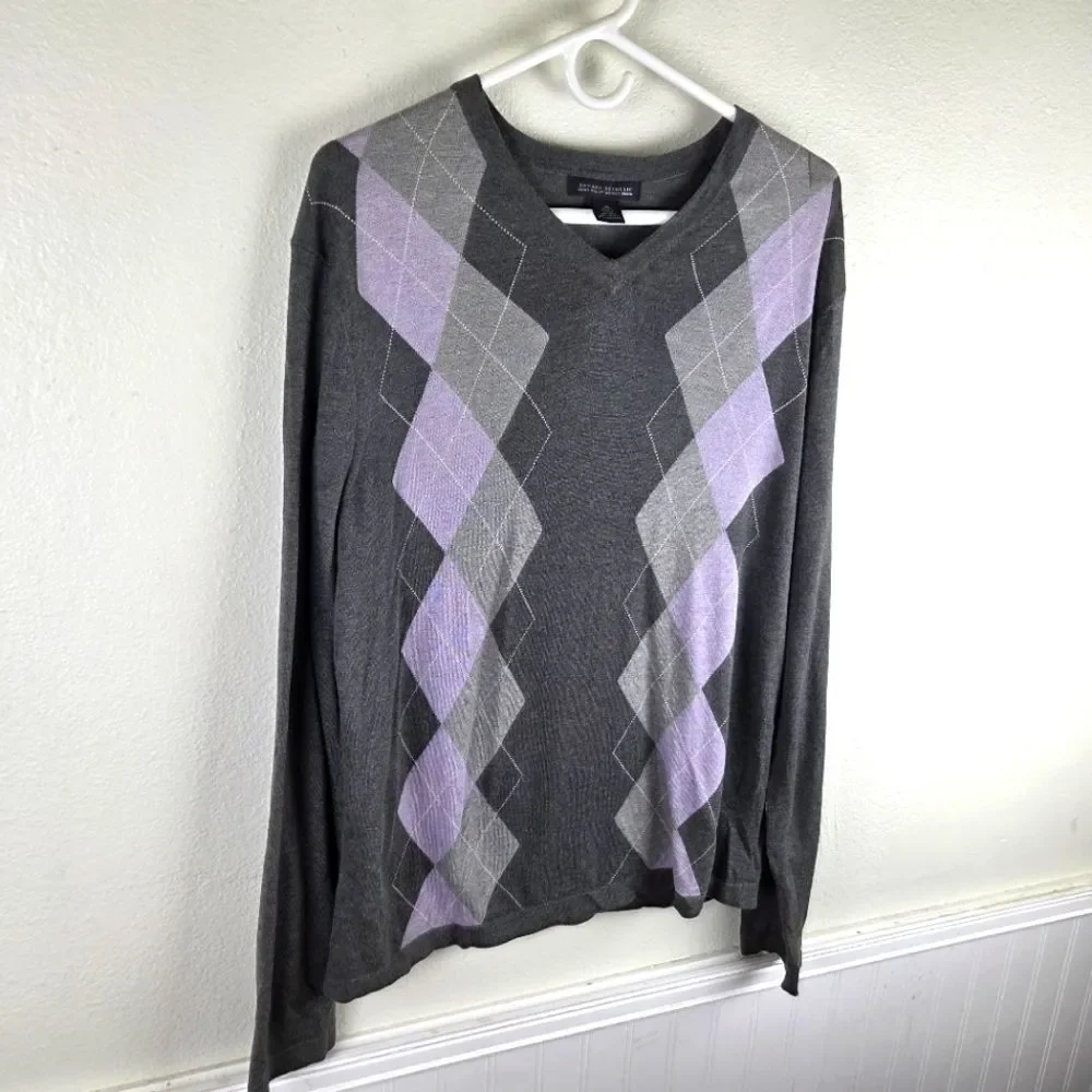 Men's Banana Republic Gray and Purple Argyle Silk Cashmere Blend Sweater SZ Med